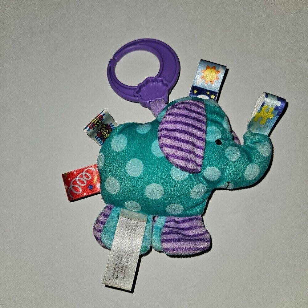 Taggies Elephant Plush Rattle Stroller Clip Toy Green Polka Dot Purple Stripes